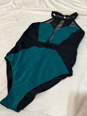Adore Me Teal and Black High-Neck One-Piece Swimsuit
